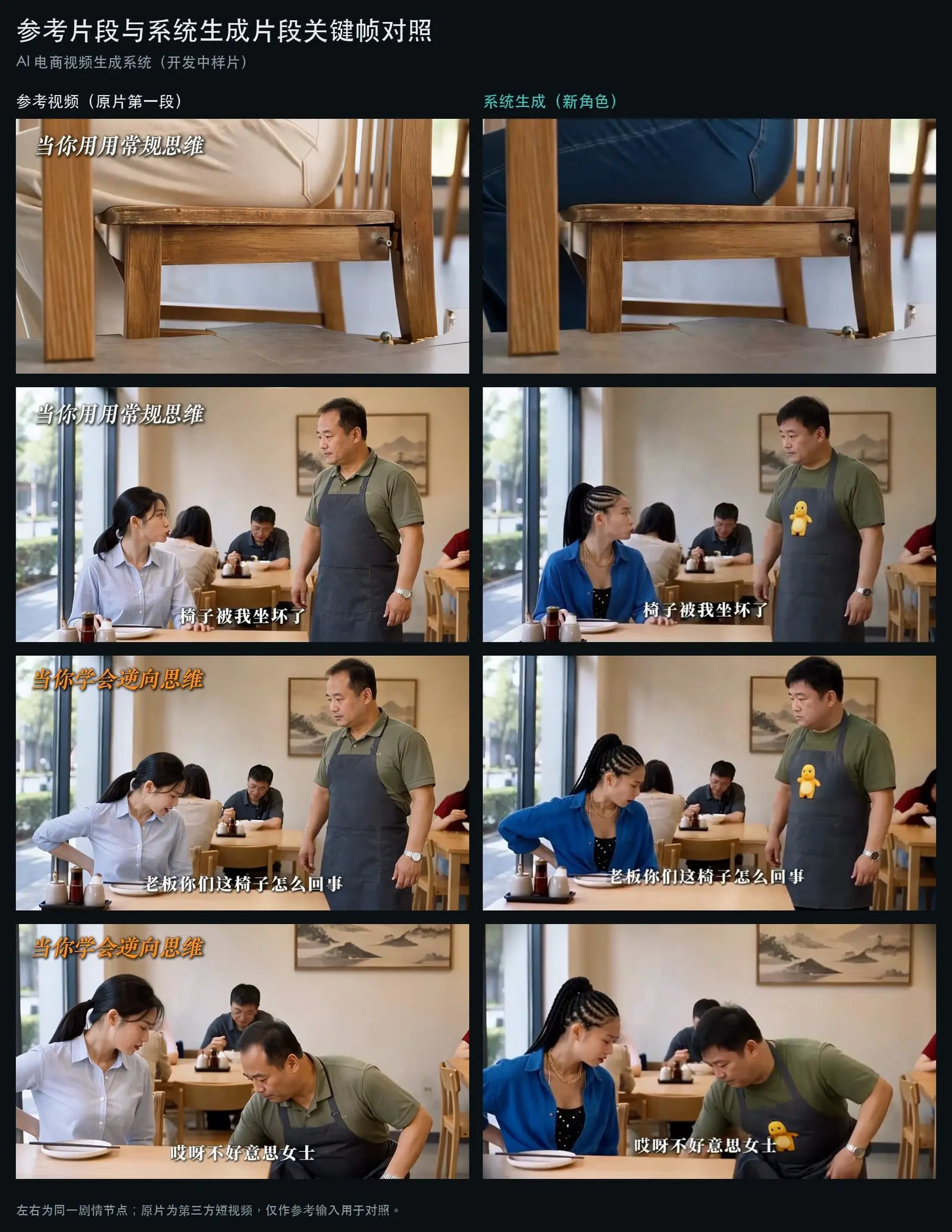 左：参考视频第一段（第三方短视频） 右：系统生成的对应片段（开发中样片）